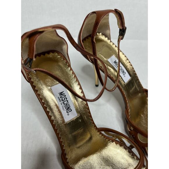 Moschino White Label Designer Brown Luxury Ankle Strap Open Square Toe Heels 9.5 - Picture 2 of 10